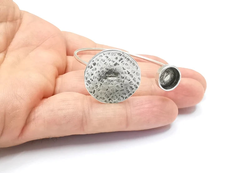 Silver Hammered Disc Linked Bracelet Blanks Resin Cuff Dry Bezel Cabochon Base Adjustable Antique Silver Plated Brass (10mm Blanks) G26537