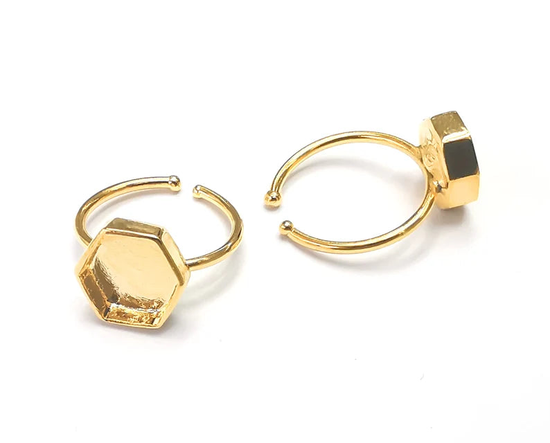 Hexagonal Shiny Gold Ring Bezels Settings Resin Backs Cabochon Mounting Gold Plated Brass Adjustable Ring Base (10mm blank) G26770