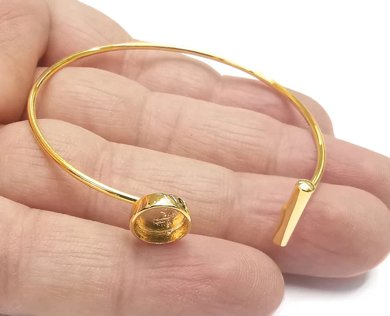 Rod Round Bracelet Blank Cuff Bezels Cabochon Bases Resin Mountings, Cuff Frame Adjustable Shiny Gold Plated Brass (8 mm bezel) G26774