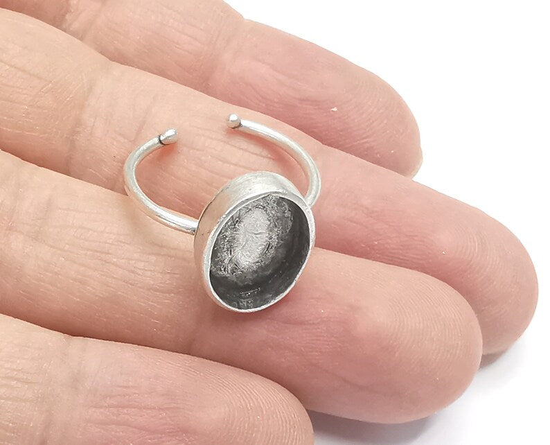 Oval Silver Ring Setting Cabochon Mounting Adjustable Ring Base Bezel Antique Silver Plated Brass (14x10mm) G26775