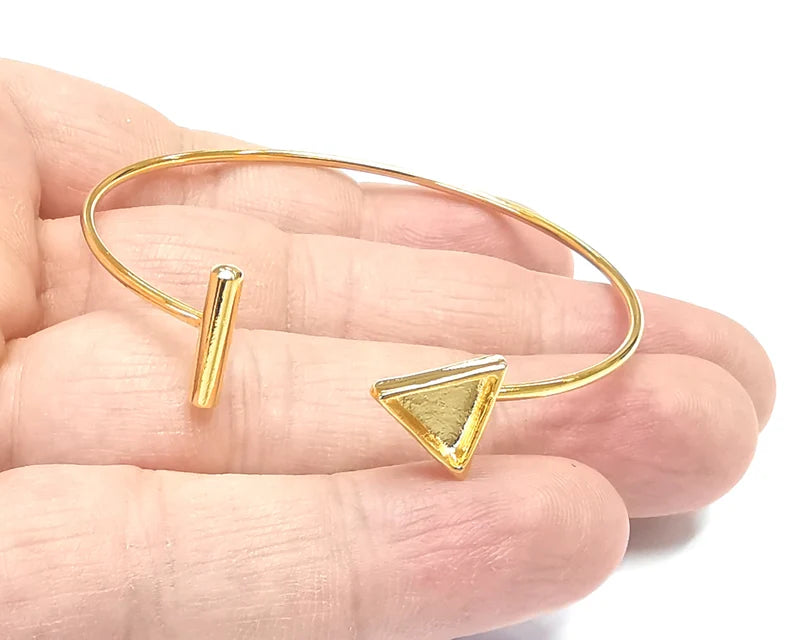 Rod Triangle Bracelet Blank Cuff Bezels Cabochon Bases Resin Mountings, Cuff Frame Adjustable Shiny Gold Plated Brass (8mm bezel) G26547