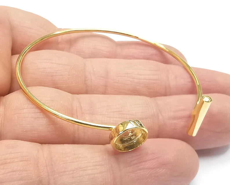 Rod Round Bracelet Blank Cuff Bezels Cabochon Bases Resin Mountings, Cuff Frame Adjustable Shiny Gold Plated Brass (8 mm bezel) G26774