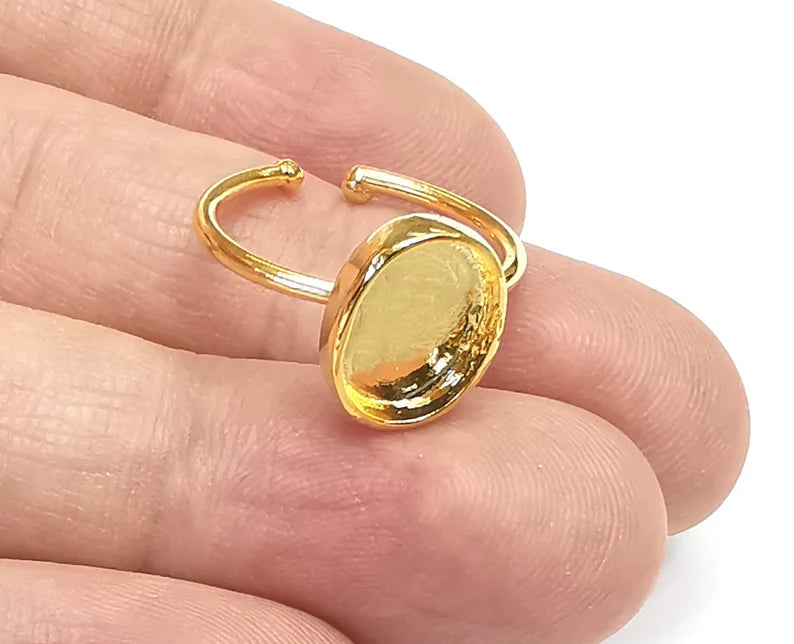 Oval Shiny Gold Ring Bezels Ring Settings Resin Ring Backs Cabochon Mounting Gold Plated Brass Adjustable Ring Base (11x8mm blank) G26549