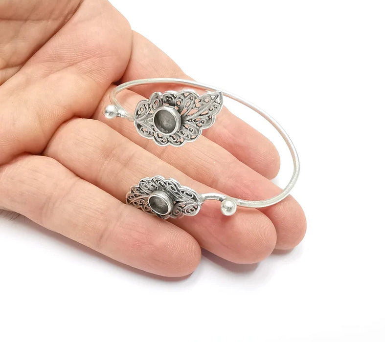 Silver Leaves Bracelet Blank Resin Cuff Dry Bezel Cabochon Base Adjustable Antique Silver Plated Brass (6mm Blanks) G26778