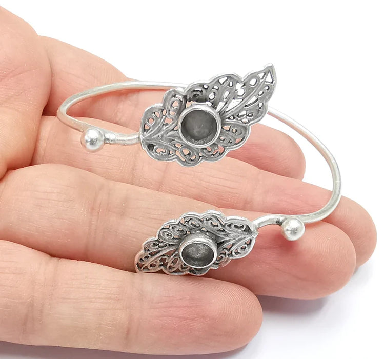 Silver Leaves Bracelet Blank Resin Cuff Dry Bezel Cabochon Base Adjustable Antique Silver Plated Brass (6mm Blanks) G26778