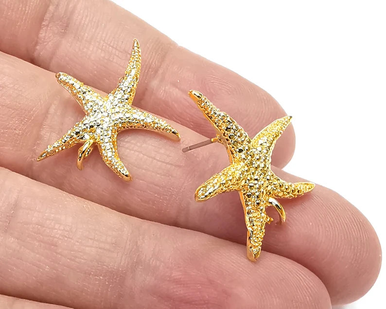 1 Pair Starfish gold earring base wire Shiny Gold plated brass earring base (24x24mm) G26550