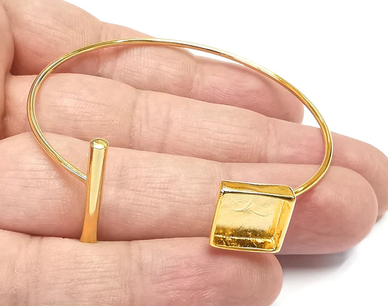 Rod Square Bracelet Blank Cuff Bezels Cabochon Bases Resin Mountings, Cuff Frame Adjustable Shiny Gold Plated Brass (10mm bezel) G26551
