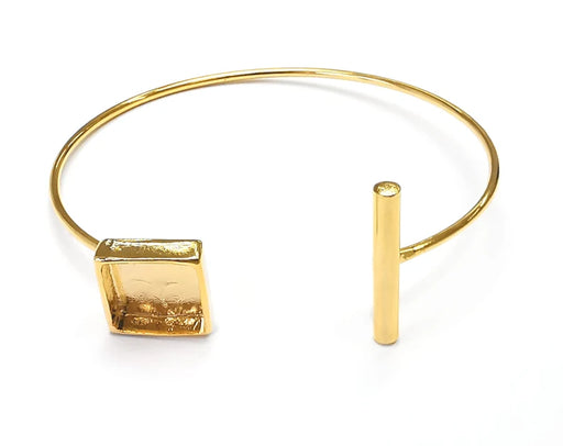 Rod Square Bracelet Blank Cuff Bezels Cabochon Bases Resin Mountings, Cuff Frame Adjustable Shiny Gold Plated Brass (10mm bezel) G26551