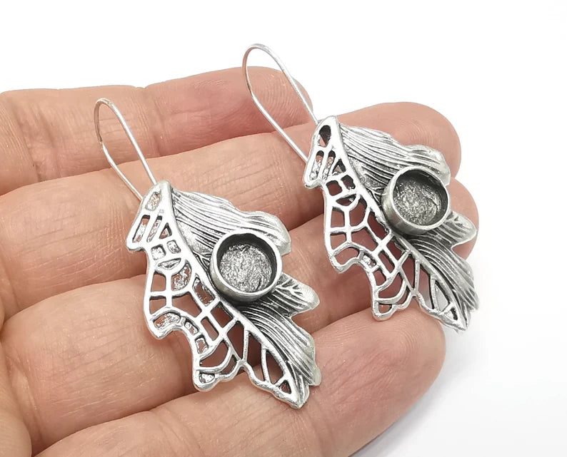 Leaf Earring Blank Base Settings Silver Resin Cabochon Inlay Blank Mountings Antique Silver Plated Brass (8mm blanks) 1 Set G26782