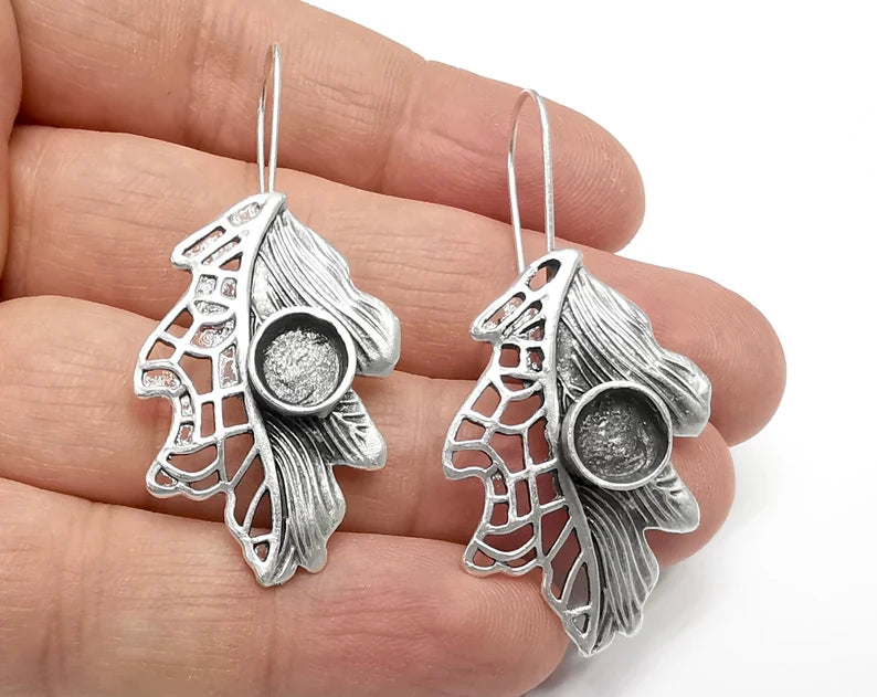 Leaf Earring Blank Base Settings Silver Resin Cabochon Inlay Blank Mountings Antique Silver Plated Brass (8mm blanks) 1 Set G26782