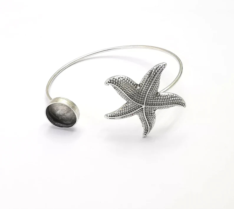 Starfish Silver Bracelet Brass Cuff Blank Bezel Cabochon Base Adjustable Antique Silver Brass (12mm blank) G26783