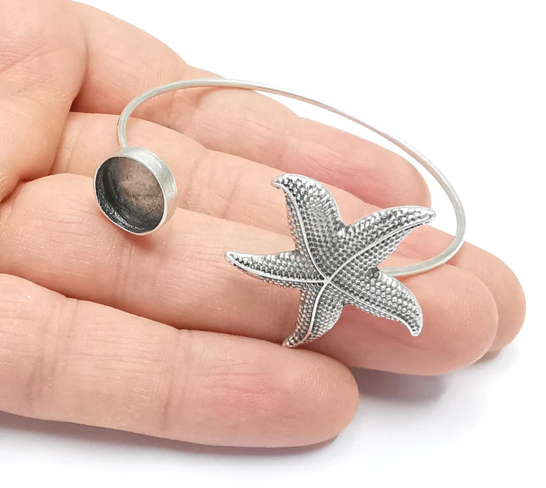 Starfish Silver Bracelet Brass Cuff Blank Bezel Cabochon Base Adjustable Antique Silver Brass (12mm blank) G26783