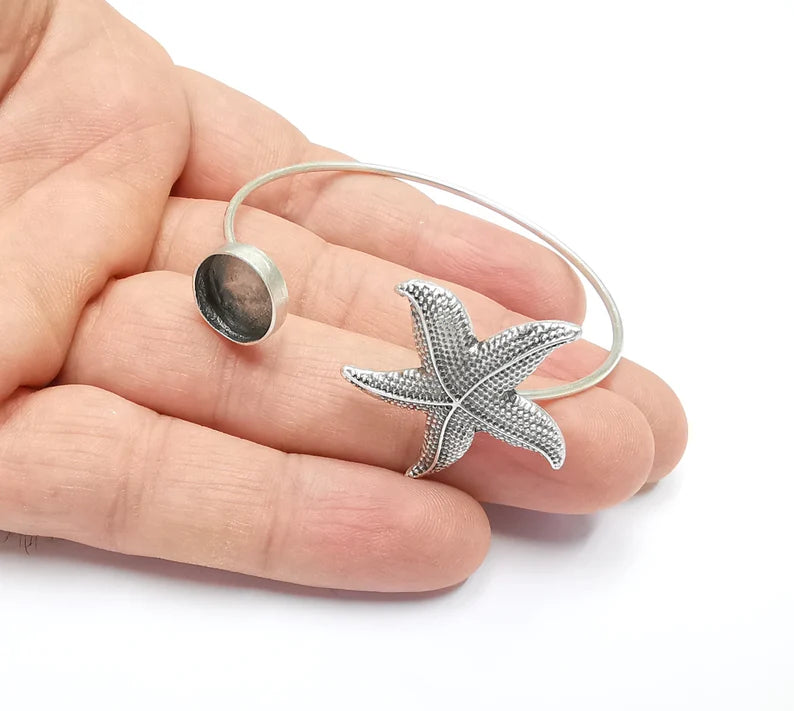 Starfish Silver Bracelet Brass Cuff Blank Bezel Cabochon Base Adjustable Antique Silver Brass (12mm blank) G26783