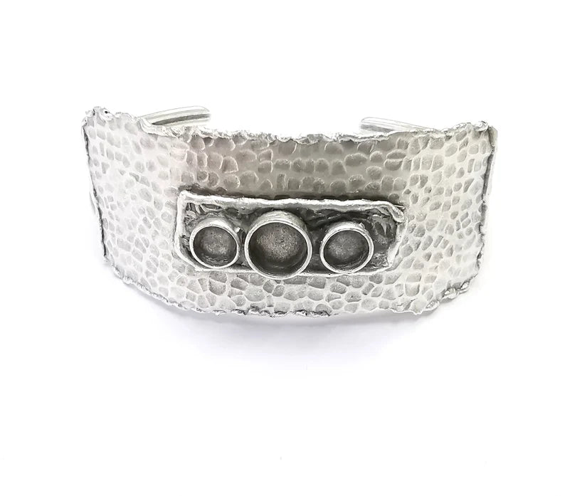 Hammered Rectangle Disc Bracelet Blanks Resin Cuff Dry Bezel Cabochon Base Adjustable Antique Silver Plated Brass (8mm - 6mm Blanks) G26785