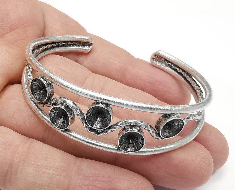 Silver Textured Bracelet Brass Cuff Blank Bezel Glass Cabochon Base Adjustable Antique Silver Plated Brass (8mm blanks) G25875