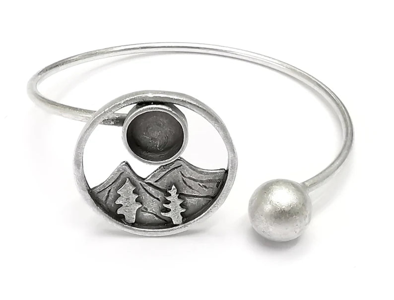 Mountain Landscape Pine Round Bracelet Blank Resin Cuff Dry Bezel Cabochon Base Adjustable Antique Silver Plated Brass (8mm Blank) G26792