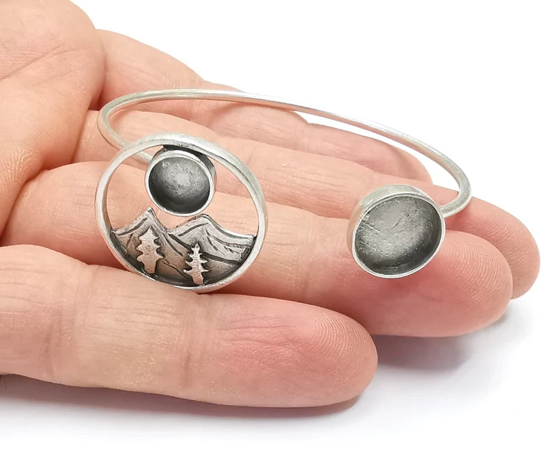 Mountain Landscape Pine Tree Round Bracelet Blank Resin Cuff Dry Bezel Cabochon Base Adjustable Antique Silver Plated Brass G26795