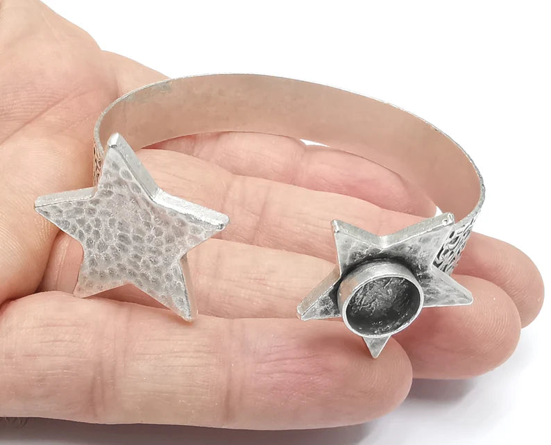 Star Bracelet Blank Cuff Bezel Cabochon Base Resin Mountings Adjustable Antique Silver Plated Brass (10mm Blank) G26796