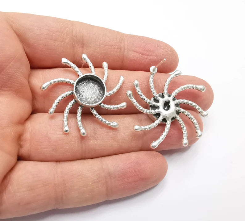 Brushed Silver Sun Earring Set Base Wire Antique Silver Plated Brass Earring Base (12mm Blank) G26797