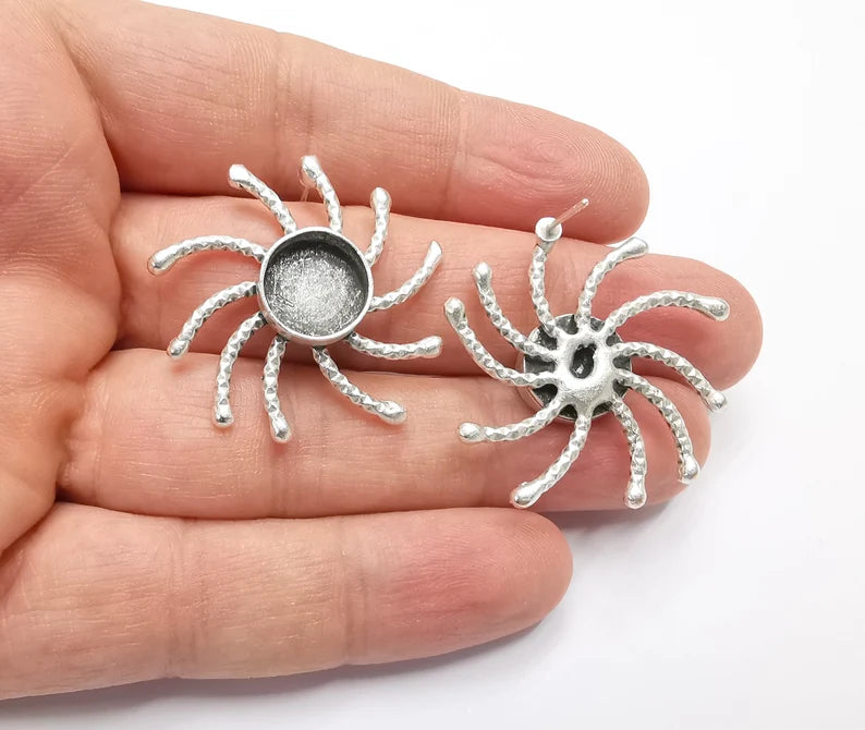 Brushed Silver Sun Earring Set Base Wire Antique Silver Plated Brass Earring Base (12mm Blank) G26797