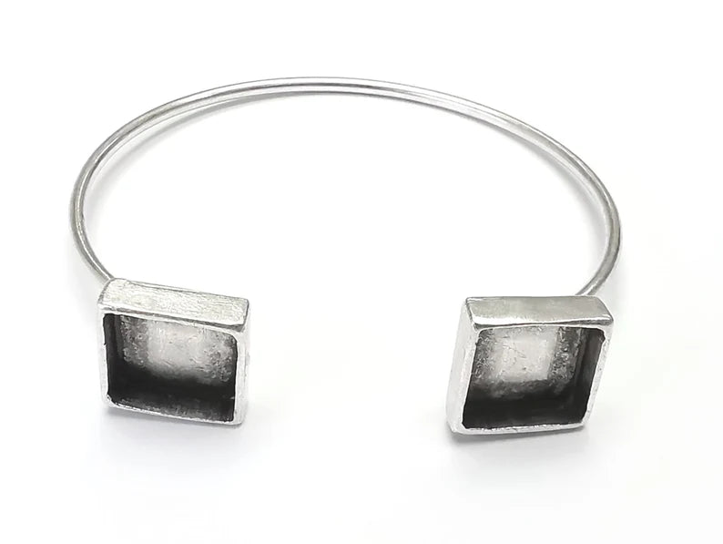 Square Bracelet Blank Resin Cuff Dry Bezel Cabochon Base Adjustable Antique Silver Plated Brass (10mm Blank) G26553