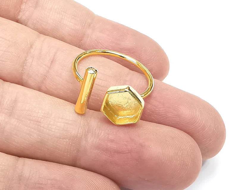 Rod Hexagonal Shiny Gold Ring Bezels Settings Resin Backs Cabochon Mounting Gold Plated Brass Adjustable Ring Base (8mm blank) G26555