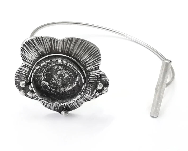 Flower Silver Bracelet Blank Cuff Bezel Cabochon Base Resin Mountings Adjustable Antique Silver Plated Brass (16mm Blank) G26557