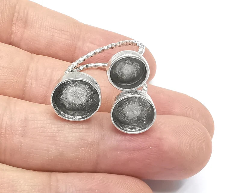 Textured Round Silver Ring Setting Blank Cabochon Mounting Adjustable Ring Base Bezel Antique Silver Plated Brass (12-10-8 mm) G26558