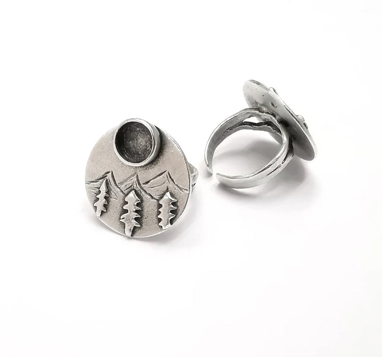 Pine Tree Mountain Blank Silver Ring Setting Cabochon Mounting Adjustable Ring Base Bezel Antique Silver Plated Brass (8mm blank) G26800