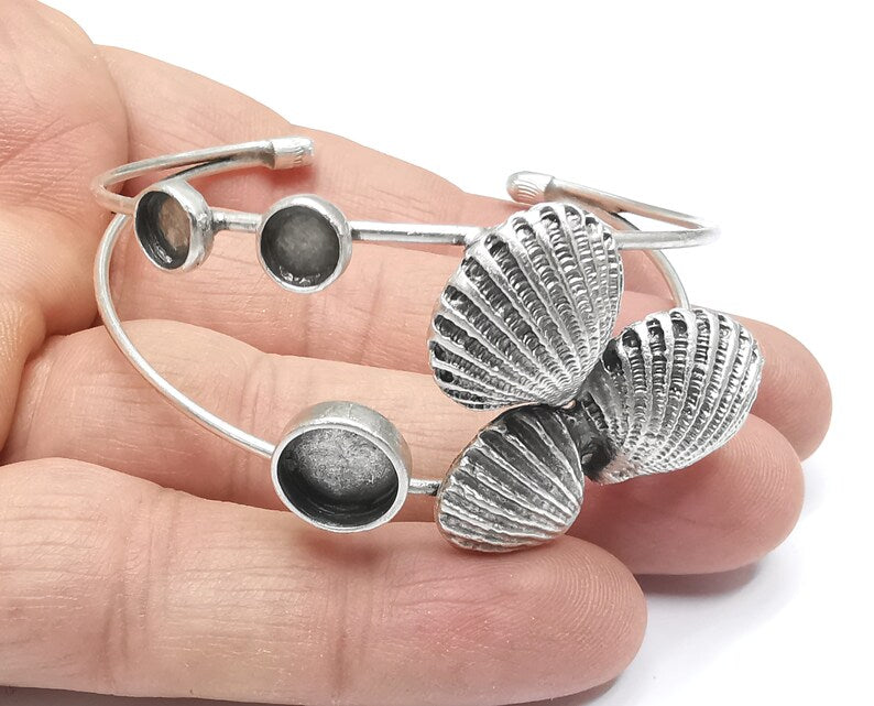 Sea Shell Scallop Silver Bracelet Brass Cuff Blank Bezel Glass Cabochon Base Adjustable Antique Silver Brass (6-10mm blanks ) G26802