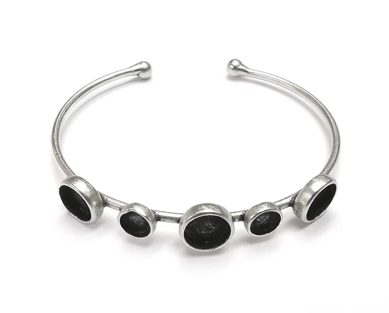 Silver Bracelet Blank Cuff Bezel Cabochon Base Resin Mountings Adjustable Antique Silver Plated Brass (8mm-6mm Blanks) G26804