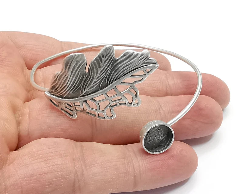 Silver Leaf Bracelet Blank Resin Cuff Dry Bezel Cabochon Base Adjustable Antique Silver Plated Brass (10mm Blank) G26805