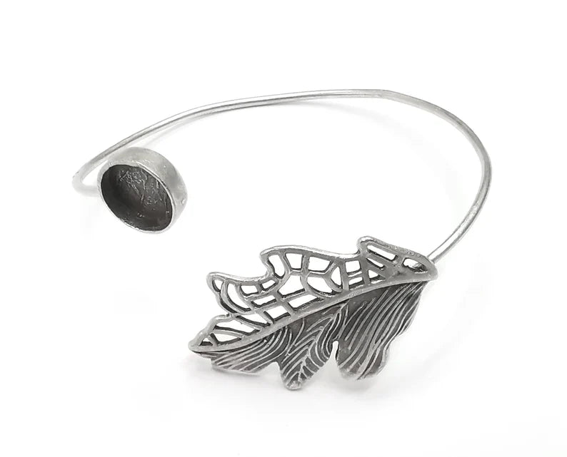 Silver Leaf Bracelet Blank Resin Cuff Dry Bezel Cabochon Base Adjustable Antique Silver Plated Brass (10mm Blank) G26805