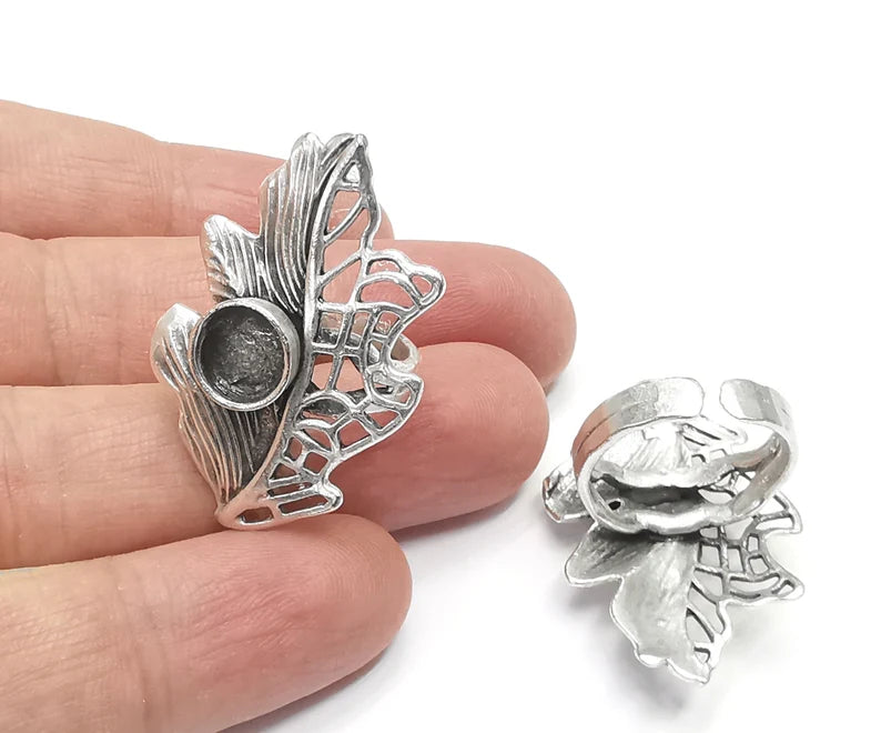 Leaf Leaves Silver Ring Setting Blank Cabochon Mounting Adjustable Ring Base Bezel Antique Silver Plated Brass (8mm) G26806