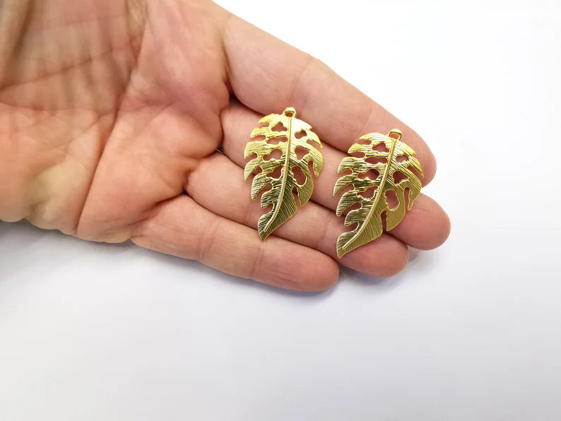 2 Monstera Leaf Charms Gold Plated Charms (44x26mm) G26563