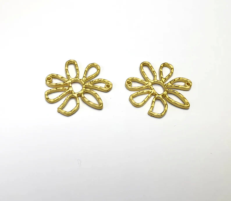 2 Hammered Flowers Charms Connector Gold Plated Charms (32mm) G26565