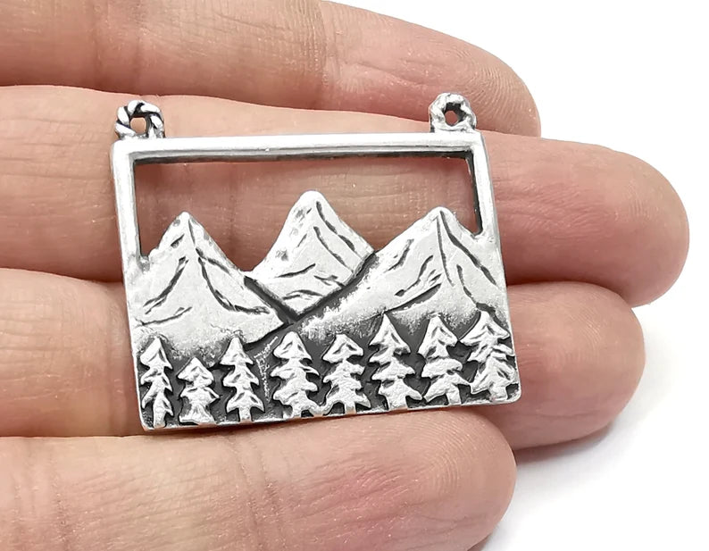 Mountain Landscape Pine Tree Connector Pendant Charms Antique Silver Plated Pendant (36x30mm) G26567