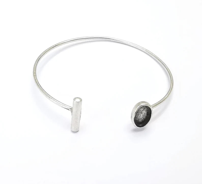 Rod Oval Bracelet Blank Resin Cuff Dry Bezel Cabochon Base Adjustable Antique Silver Plated Brass (9x6mm Blank) G26566