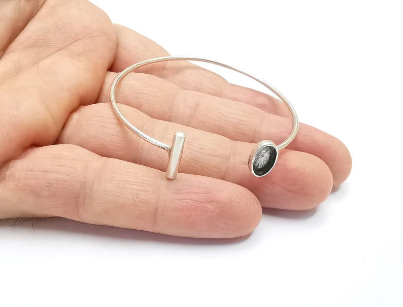 Rod Oval Bracelet Blank Resin Cuff Dry Bezel Cabochon Base Adjustable Antique Silver Plated Brass (9x6mm Blank) G26566