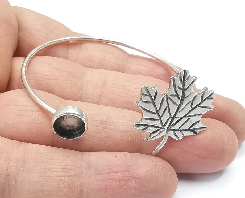 Silver Maple Leaf Bracelet Blanks Resin Cuff Dry Bezel Cabochon Base Adjustable Antique Silver Plated Brass (8mm Blank) G26572