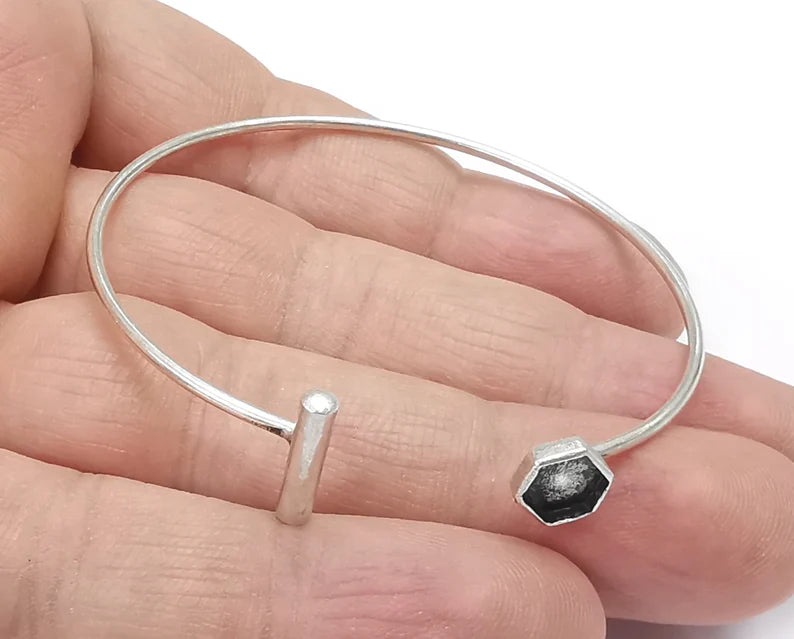 Rod Hexagonal Bracelet Blank Resin Cuff Dry Bezel Cabochon Base Adjustable Antique Silver Plated Brass (6mm Blank) G26574