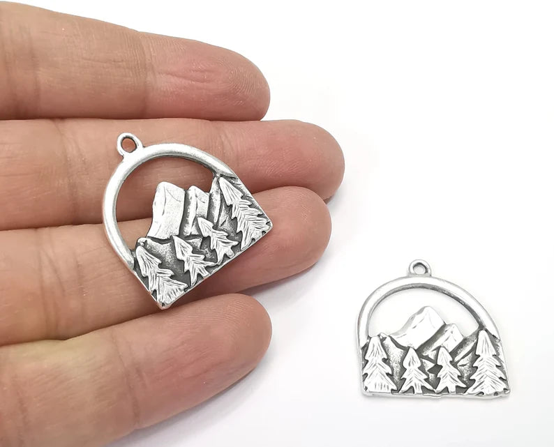 2 Mountain Landscape Pine Tree Pendant Charms Antique Silver Plated Pendant (29x26mm) G26575