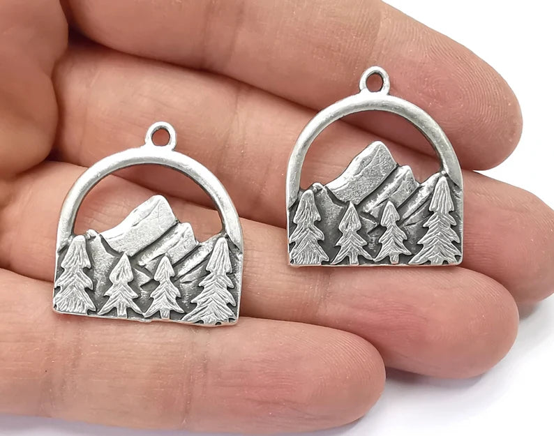 2 Mountain Landscape Pine Tree Pendant Charms Antique Silver Plated Pendant (29x26mm) G26575