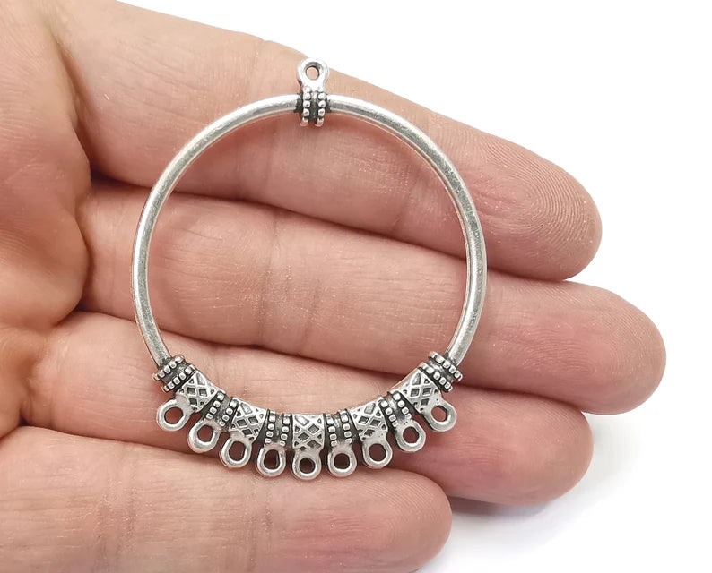 2 Ethnic Dangle Round charms connector Antique silver plated charms (55x46mm) G26578