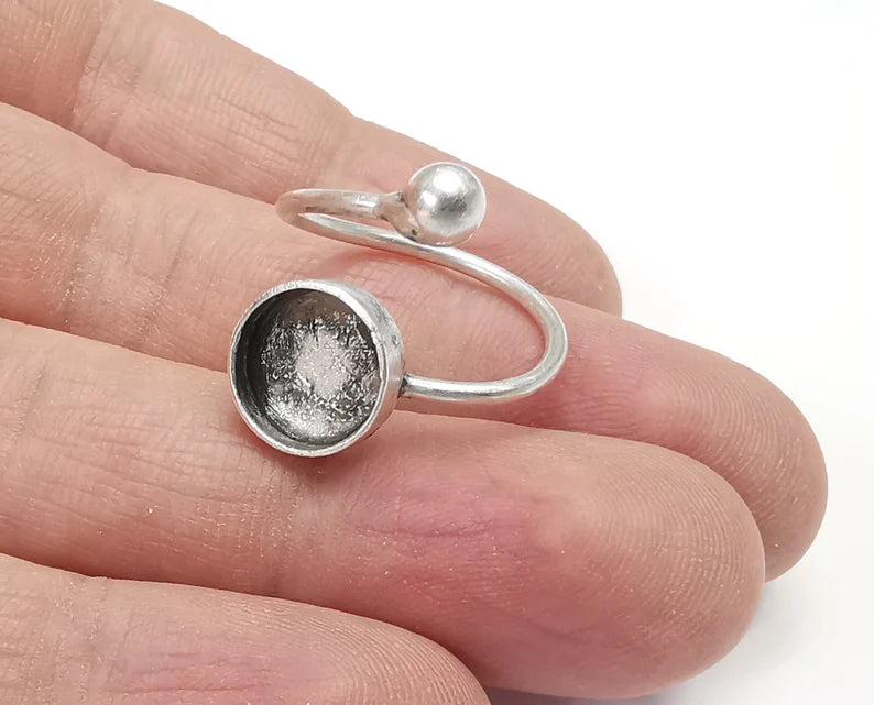Wrap Ball Round Blank Silver Ring Setting Cabochon Mounting Adjustable Ring Base Bezel Antique Silver Plated Brass (10mm blanks) G27313