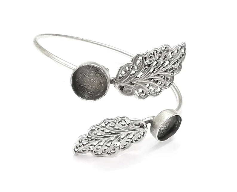 Leaf Leaves Silver Bracelet Brass Cuff Blank Bezel Glass Cabochon Base Adjustable Antique Silver Brass (10 mm blank) G26807