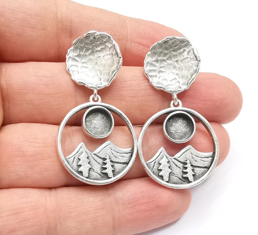 1 Pairs Hammered Disc Dangle Mountain Pine Tree Earring Set Base Wire Antique Silver Plated Brass Earring Base (8mm blanks) G26808