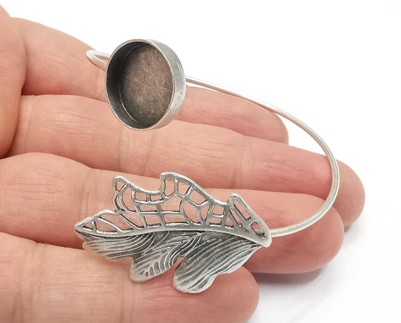 Leaf Silver Bracelet Blank Resin Cuff Dry Bezel Cabochon Base Adjustable Antique Silver Plated Brass (14mm Blank) G26811