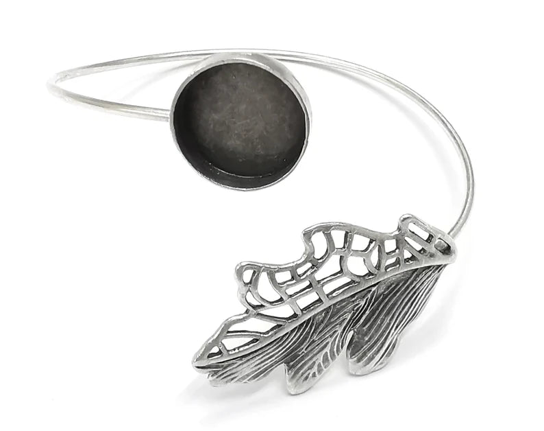 Leaf Silver Bracelet Blank Resin Cuff Dry Bezel Cabochon Base Adjustable Antique Silver Plated Brass (14mm Blank) G26811