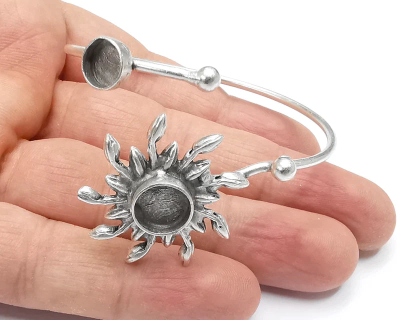 Sun Silver Bracelet Blank Resin Cuff Dry Bezel Cabochon Base Adjustable Antique Silver Plated Brass (10-8mm Blanks) G26813